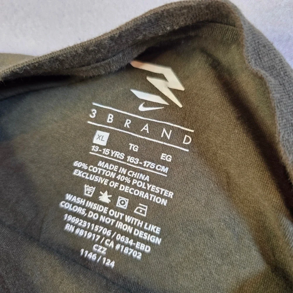 Nike 3 Brand Boys XL Long Sleeve Graphic T-Shirt Olive Green Orange Swoosh Tee